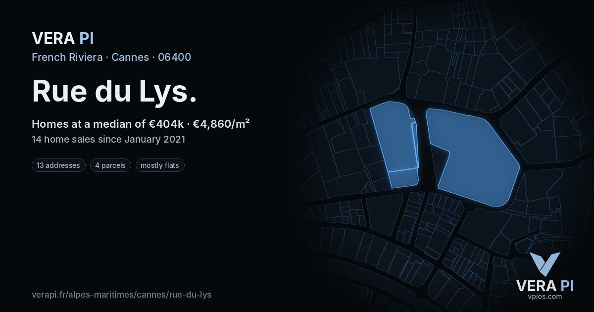 Rue du Lys, Cannes at night – every parcel coloured by the prices around it, the street's own parcels lit