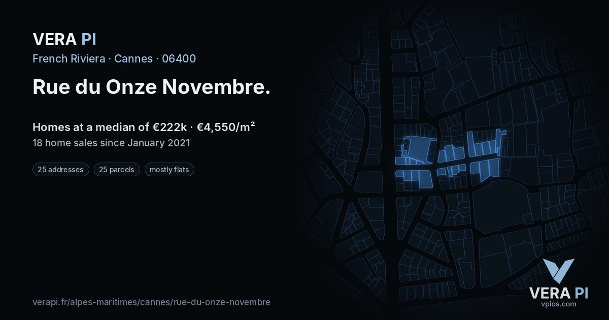 Rue du Onze Novembre, Cannes at night – every parcel coloured by the prices around it, the street's own parcels lit