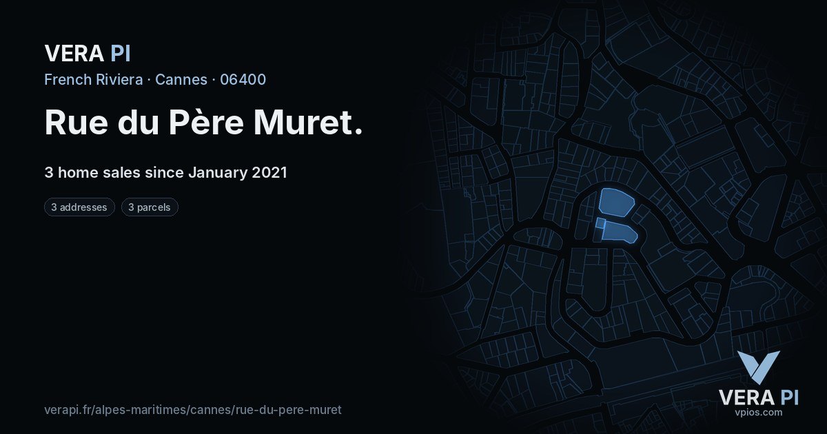 Rue du Père Muret, Cannes at night – every parcel coloured by the prices around it, the street's own parcels lit