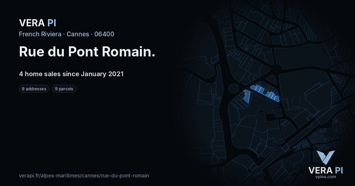 Rue du Pont Romain, Cannes at night – every parcel coloured by the prices around it, the street's own parcels lit