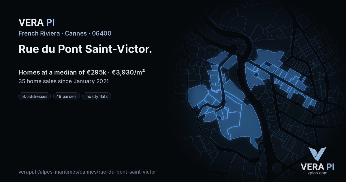 Rue du Pont Saint-Victor, Cannes at night – every parcel coloured by the prices around it, the street's own parcels lit