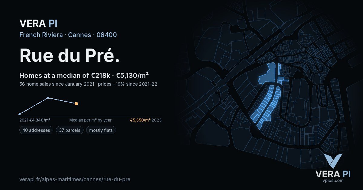 Rue du Pré, Cannes at night – every parcel coloured by the prices around it, the street's own parcels lit