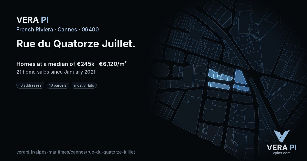Rue du Quatorze Juillet, Cannes at night – every parcel coloured by the prices around it, the street's own parcels lit