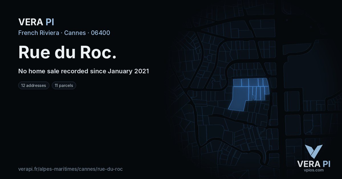 Rue du Roc, Cannes at night – every parcel coloured by the prices around it, the street's own parcels lit