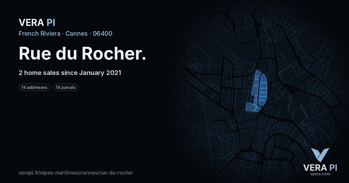 Rue du Rocher, Cannes at night – every parcel coloured by the prices around it, the street's own parcels lit