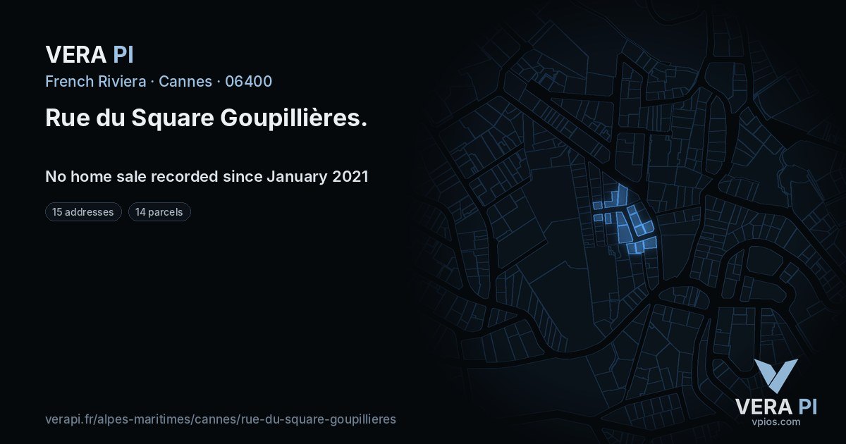 Rue du Square Goupillières, Cannes at night – every parcel coloured by the prices around it, the street's own parcels lit