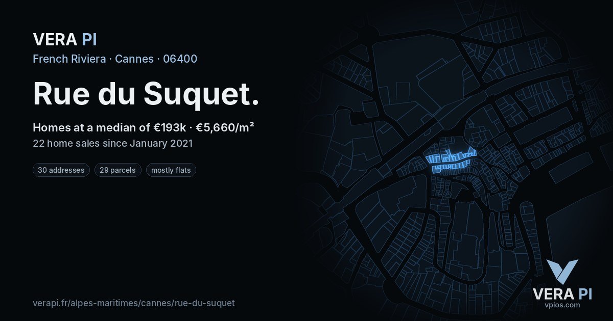 Rue du Suquet, Cannes at night – every parcel coloured by the prices around it, the street's own parcels lit