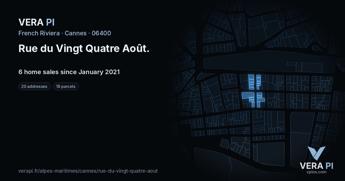 Rue du Vingt Quatre Août, Cannes at night – every parcel coloured by the prices around it, the street's own parcels lit