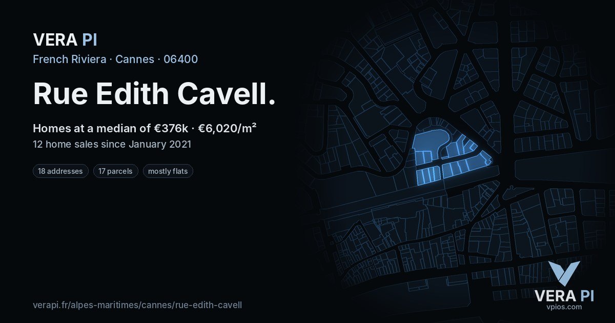 Rue Edith Cavell, Cannes at night – every parcel coloured by the prices around it, the street's own parcels lit