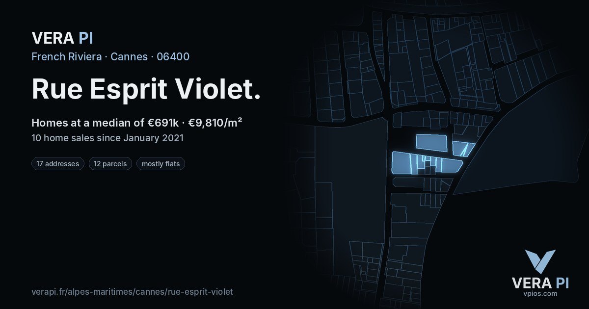 Rue Esprit Violet, Cannes at night – every parcel coloured by the prices around it, the street's own parcels lit
