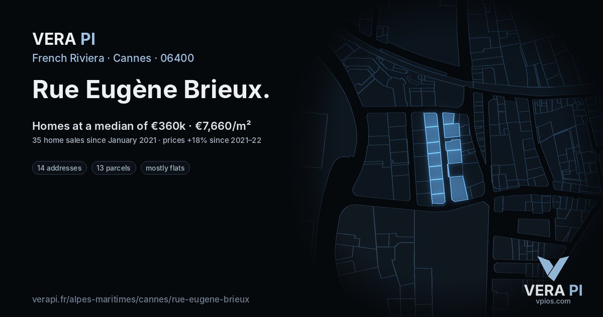 Rue Eugène Brieux, Cannes at night – every parcel coloured by the prices around it, the street's own parcels lit