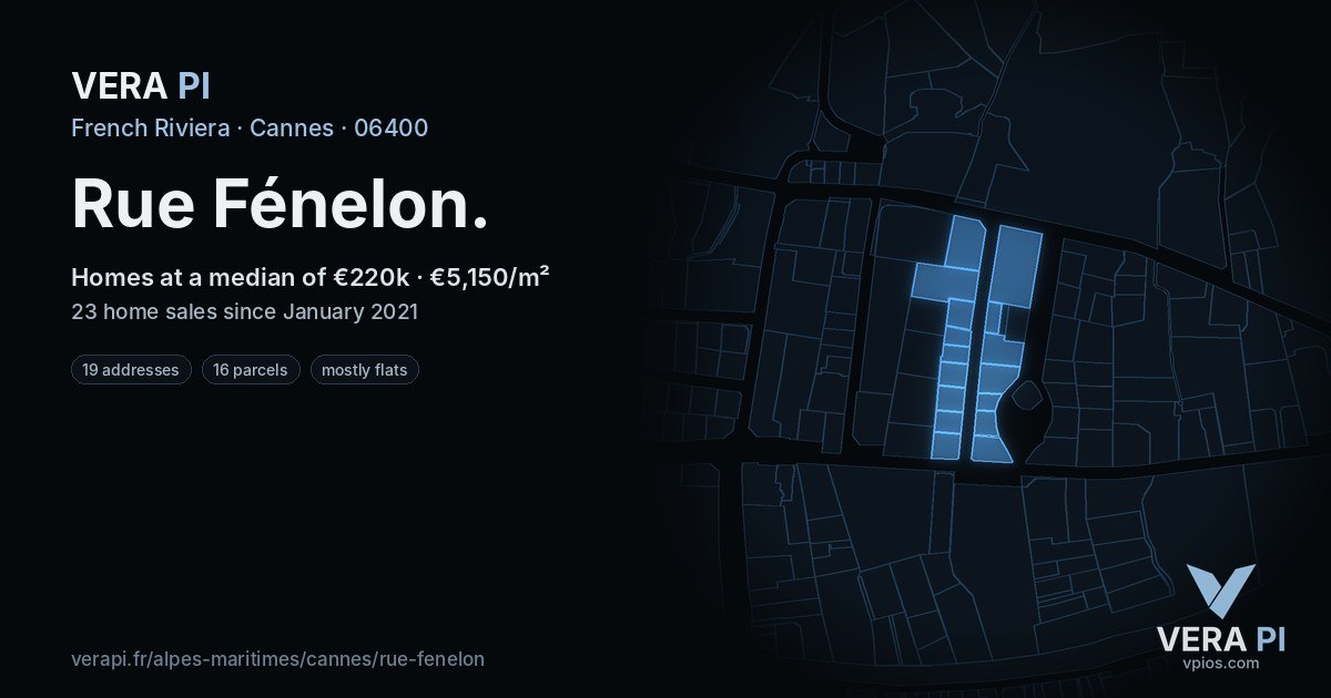Rue Fénelon, Cannes at night – every parcel coloured by the prices around it, the street's own parcels lit