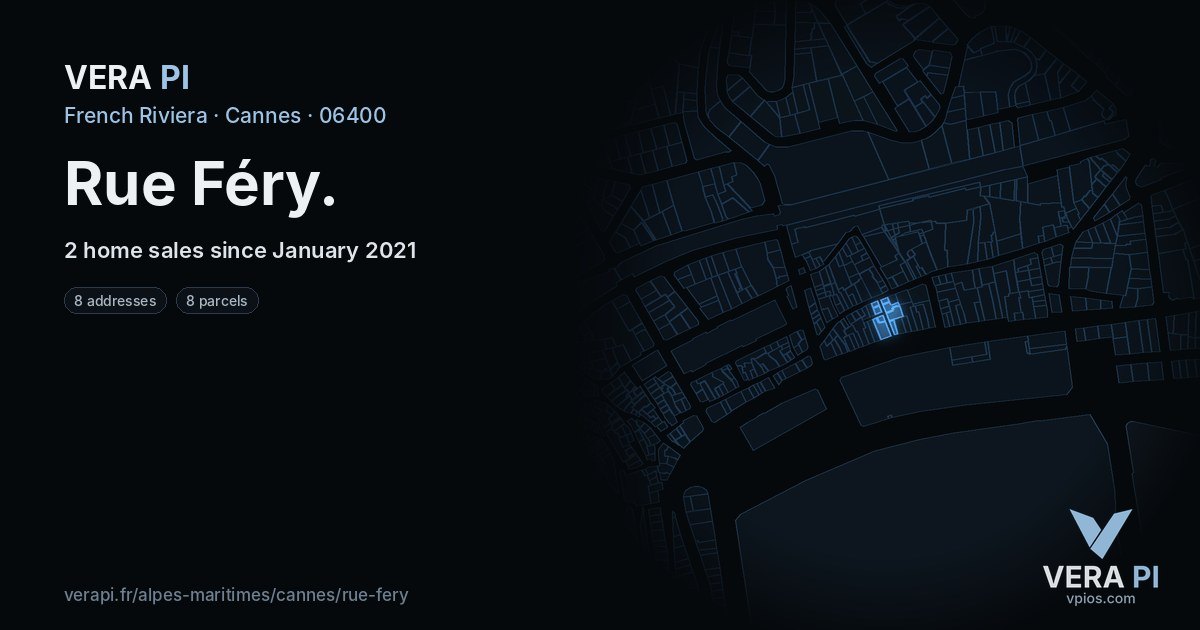 Rue Féry, Cannes at night – every parcel coloured by the prices around it, the street's own parcels lit