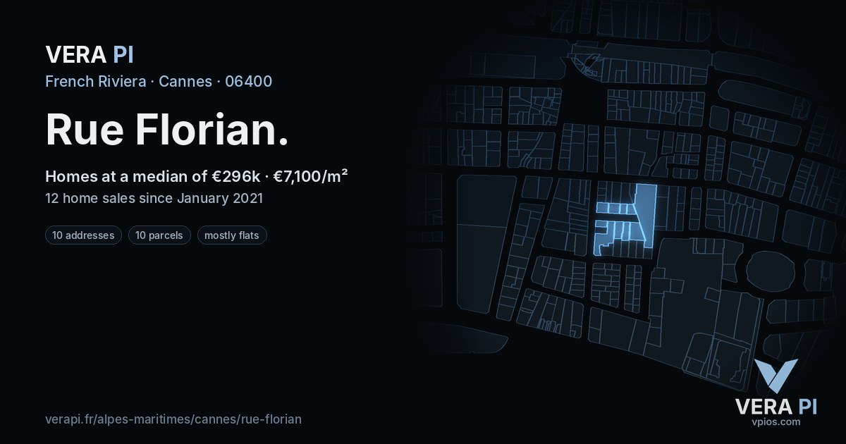 Rue Florian, Cannes at night – every parcel coloured by the prices around it, the street's own parcels lit