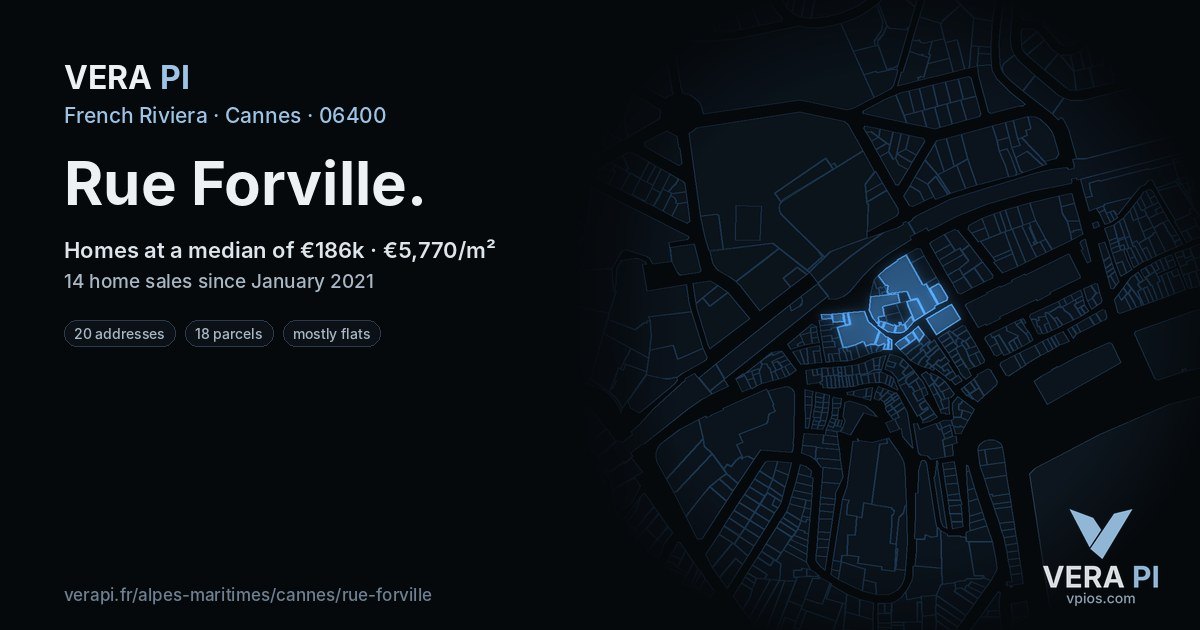 Rue Forville, Cannes at night – every parcel coloured by the prices around it, the street's own parcels lit