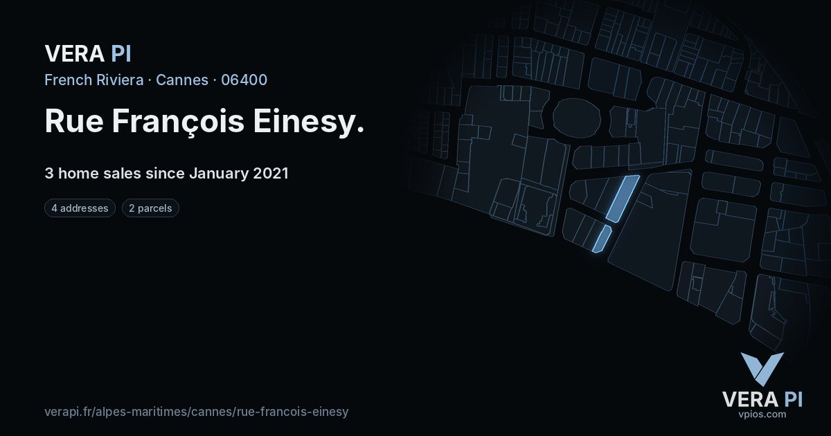 Rue François Einesy, Cannes at night – every parcel coloured by the prices around it, the street's own parcels lit
