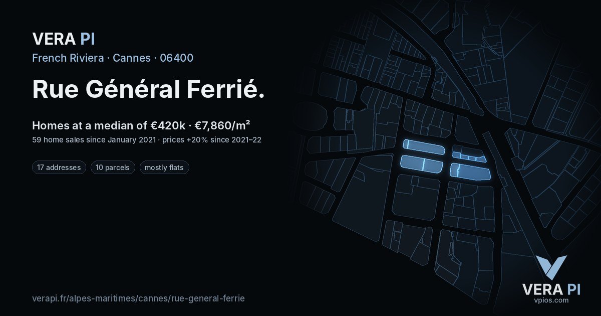 Rue Général Ferrié, Cannes at night – every parcel coloured by the prices around it, the street's own parcels lit