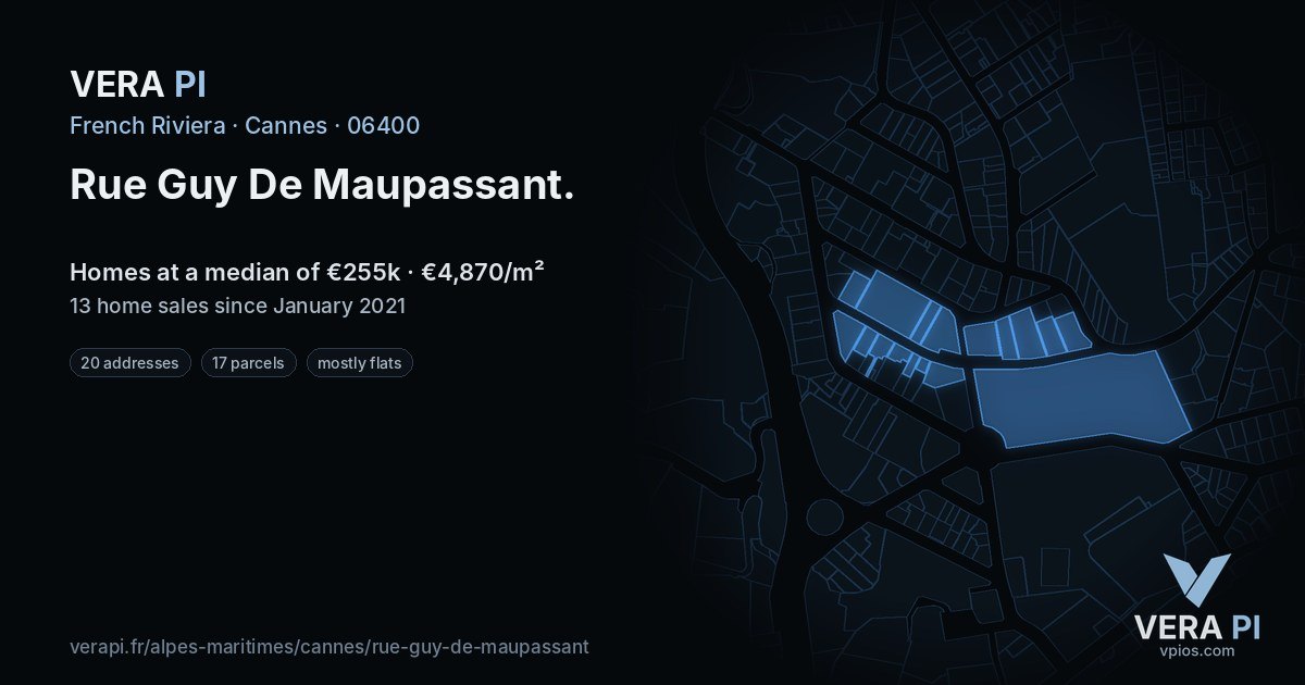 Rue Guy De Maupassant, Cannes at night – every parcel coloured by the prices around it, the street's own parcels lit