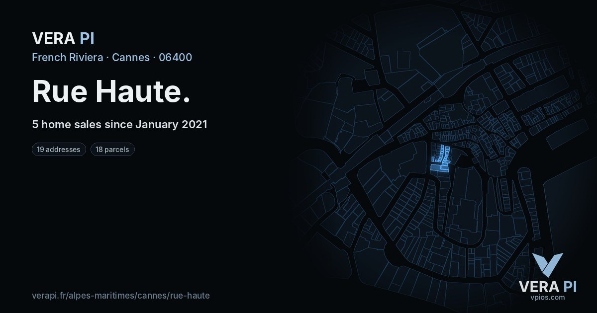 Rue Haute, Cannes at night – every parcel coloured by the prices around it, the street's own parcels lit