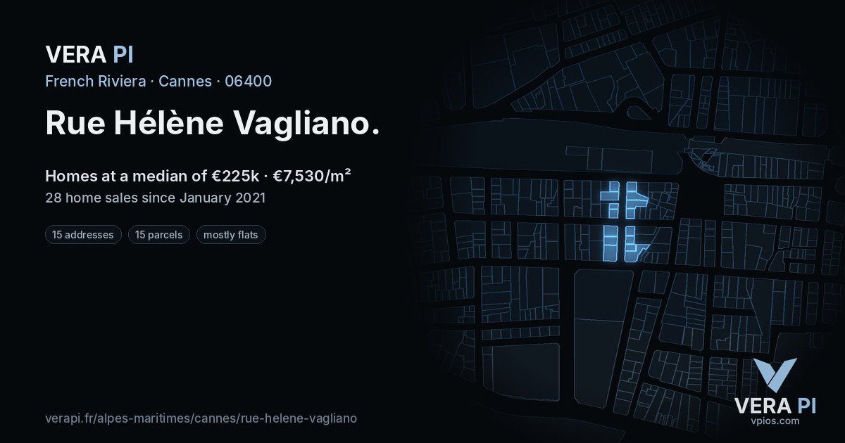 Rue Hélène Vagliano, Cannes at night – every parcel coloured by the prices around it, the street's own parcels lit
