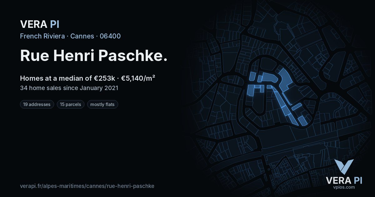 Rue Henri Paschke, Cannes at night – every parcel coloured by the prices around it, the street's own parcels lit