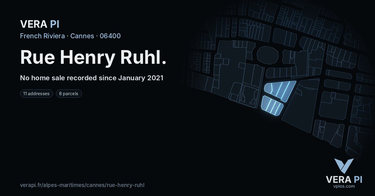 Rue Henry Ruhl, Cannes at night – every parcel coloured by the prices around it, the street's own parcels lit