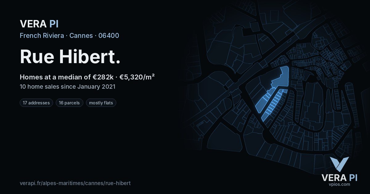 Rue Hibert, Cannes at night – every parcel coloured by the prices around it, the street's own parcels lit