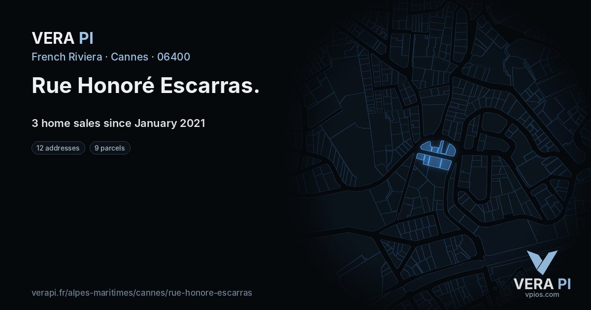 Rue Honoré Escarras, Cannes at night – every parcel coloured by the prices around it, the street's own parcels lit