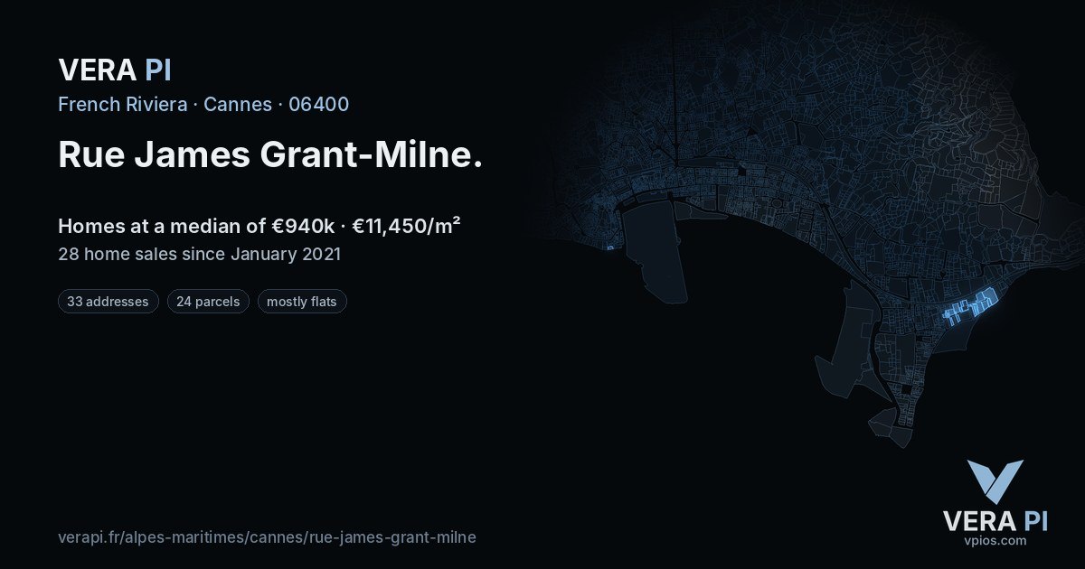 Rue James Grant-Milne, Cannes at night – every parcel coloured by the prices around it, the street's own parcels lit