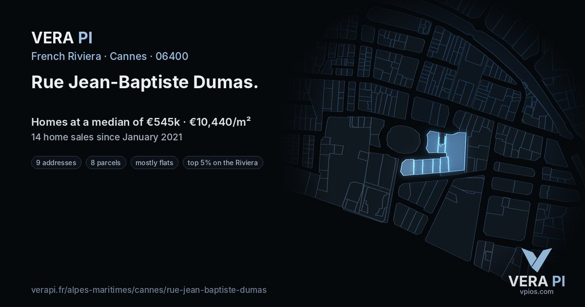 Rue Jean-Baptiste Dumas, Cannes at night – every parcel coloured by the prices around it, the street's own parcels lit