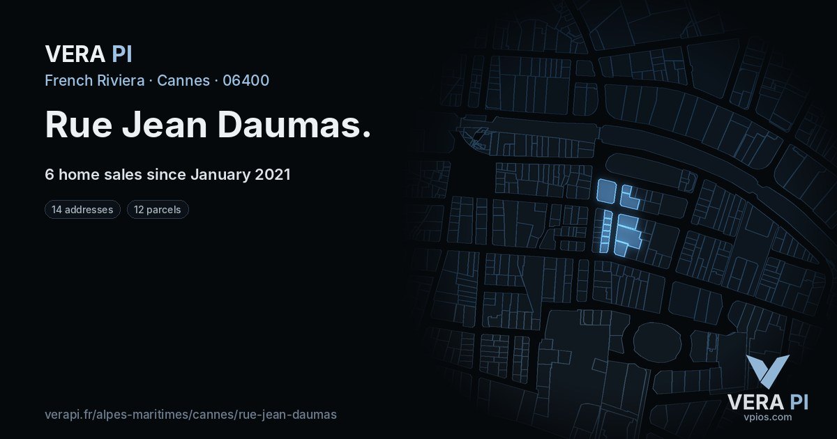 Rue Jean Daumas, Cannes at night – every parcel coloured by the prices around it, the street's own parcels lit