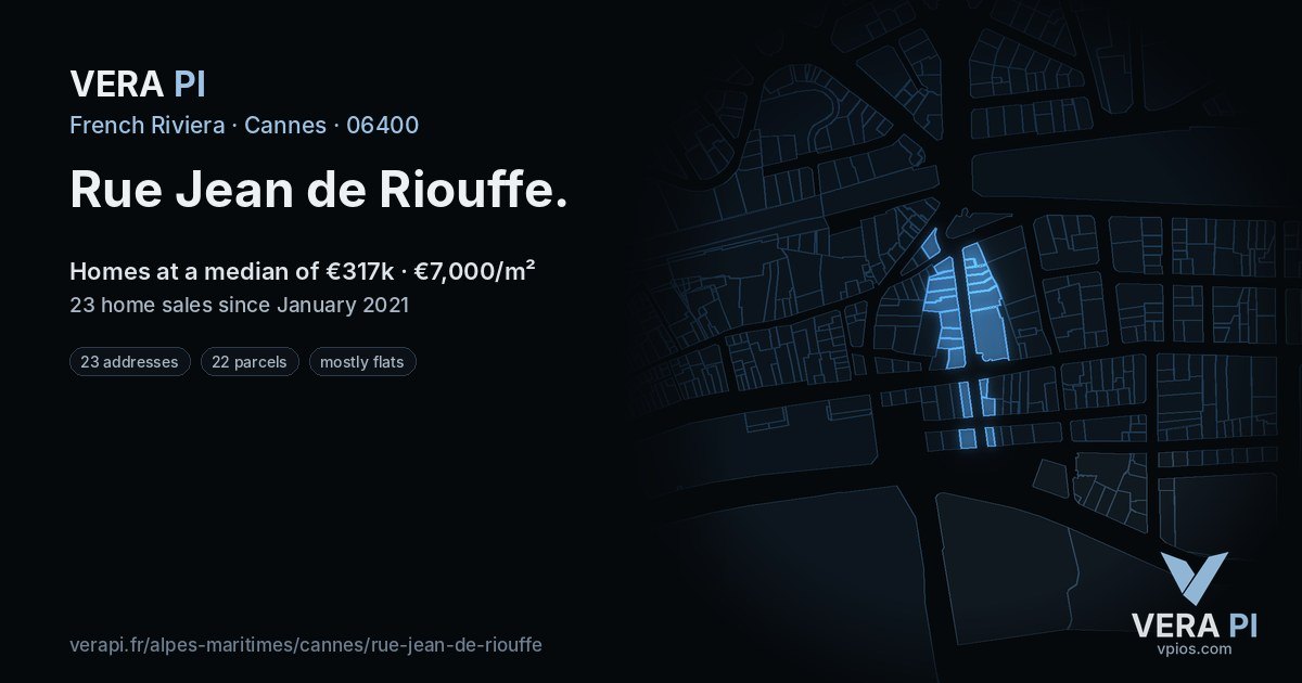 Rue Jean de Riouffe, Cannes at night – every parcel coloured by the prices around it, the street's own parcels lit
