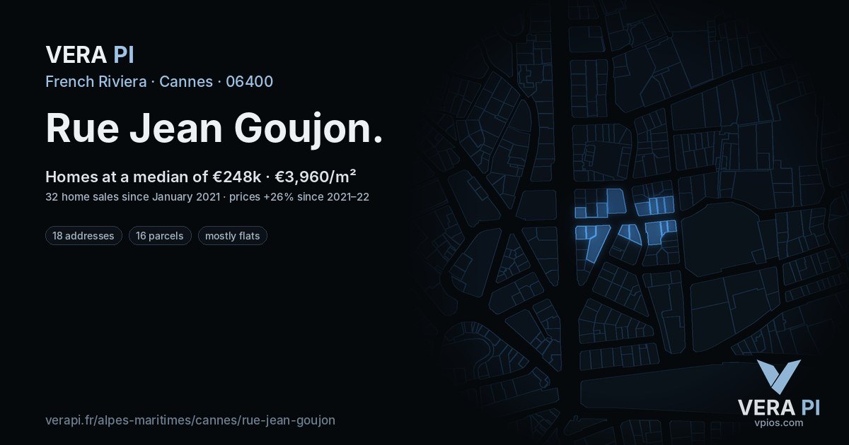 Rue Jean Goujon, Cannes at night – every parcel coloured by the prices around it, the street's own parcels lit