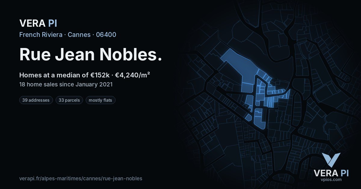 Rue Jean Nobles, Cannes at night – every parcel coloured by the prices around it, the street's own parcels lit