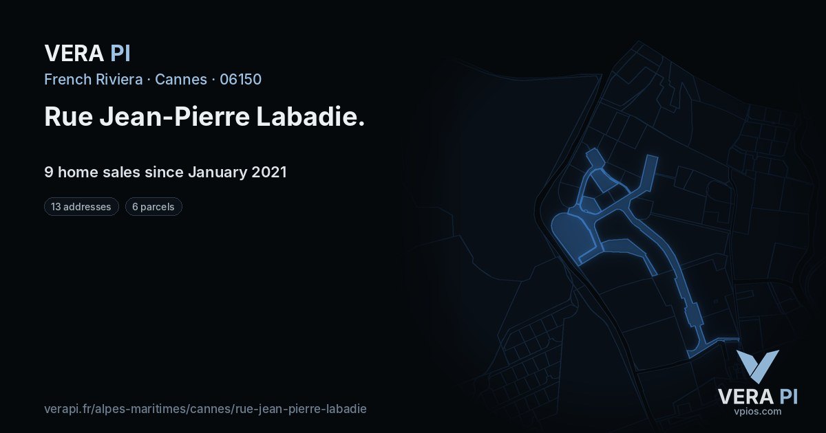 Rue Jean-Pierre Labadie, Cannes at night – every parcel coloured by the prices around it, the street's own parcels lit