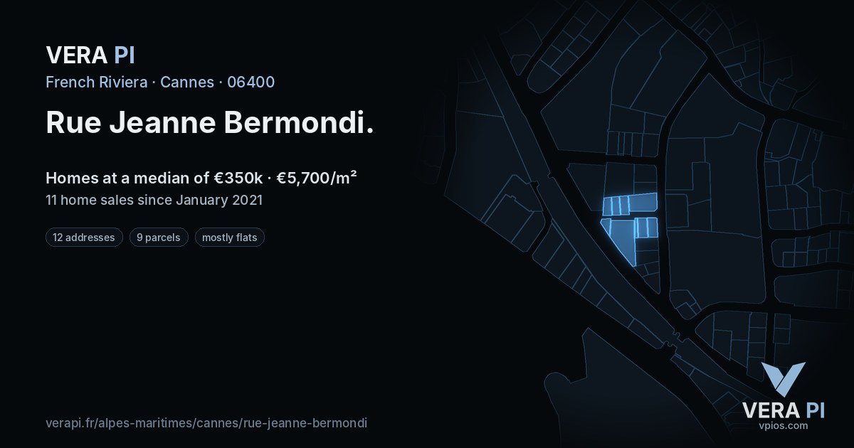 Rue Jeanne Bermondi, Cannes at night – every parcel coloured by the prices around it, the street's own parcels lit