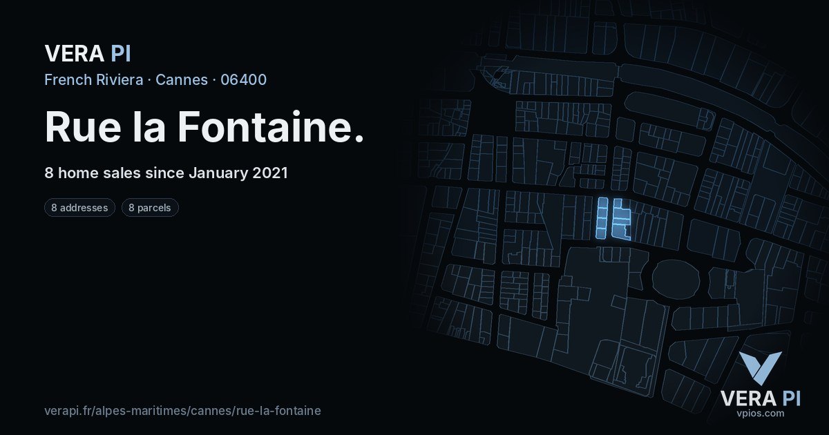 Rue la Fontaine, Cannes at night – every parcel coloured by the prices around it, the street's own parcels lit