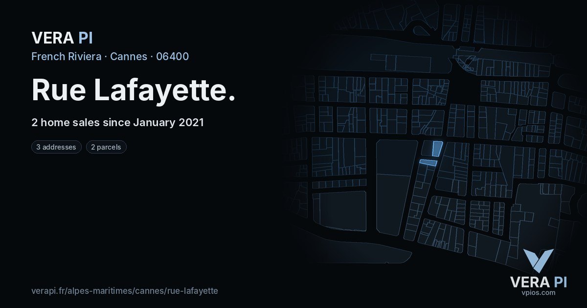 Rue Lafayette, Cannes at night – every parcel coloured by the prices around it, the street's own parcels lit