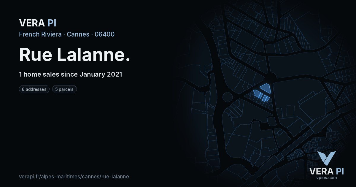 Rue Lalanne, Cannes at night – every parcel coloured by the prices around it, the street's own parcels lit