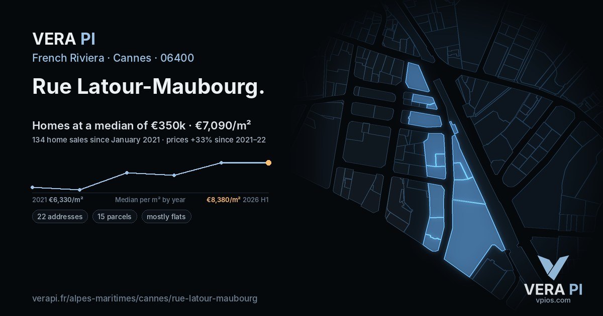 Rue Latour-Maubourg, Cannes at night – every parcel coloured by the prices around it, the street's own parcels lit