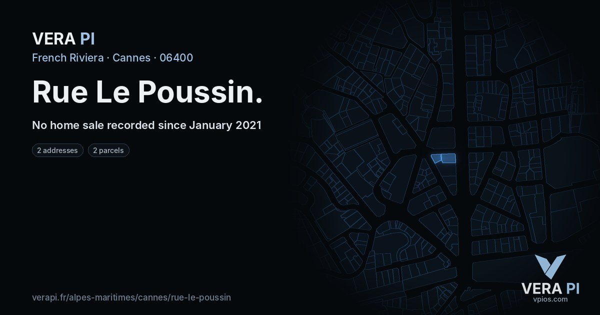Rue Le Poussin, Cannes at night – every parcel coloured by the prices around it, the street's own parcels lit