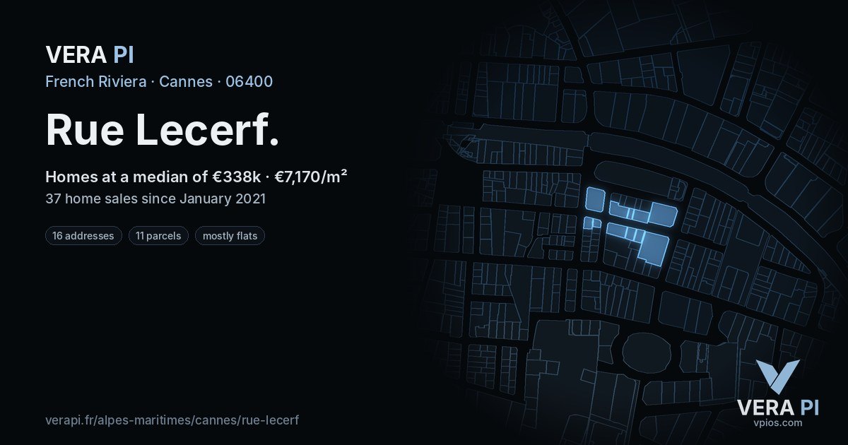 Rue Lecerf, Cannes at night – every parcel coloured by the prices around it, the street's own parcels lit