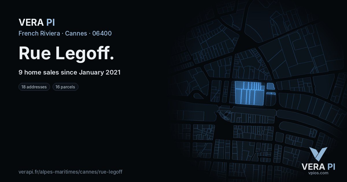 Rue Legoff, Cannes at night – every parcel coloured by the prices around it, the street's own parcels lit