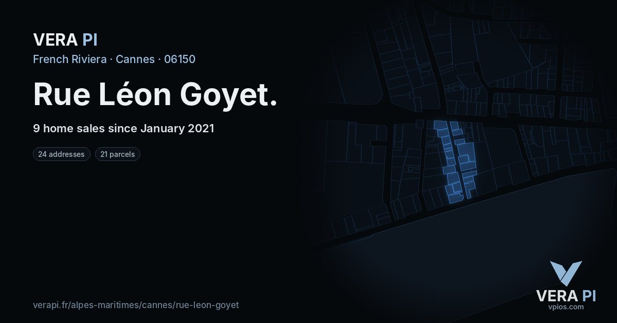 Rue Léon Goyet, Cannes at night – every parcel coloured by the prices around it, the street's own parcels lit