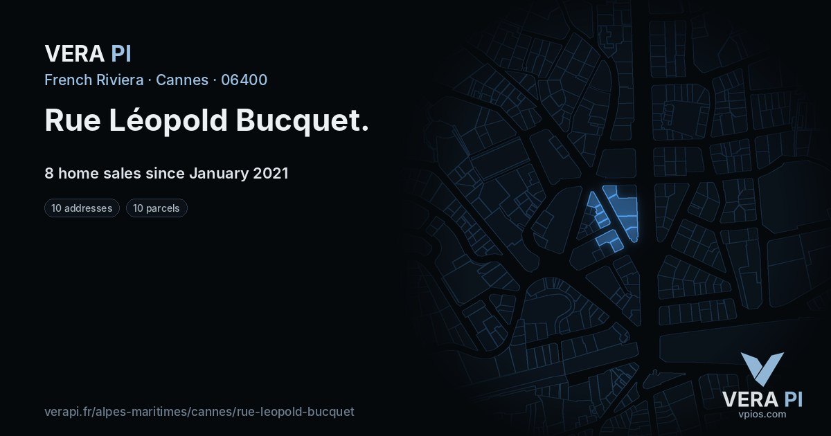Rue Léopold Bucquet, Cannes at night – every parcel coloured by the prices around it, the street's own parcels lit