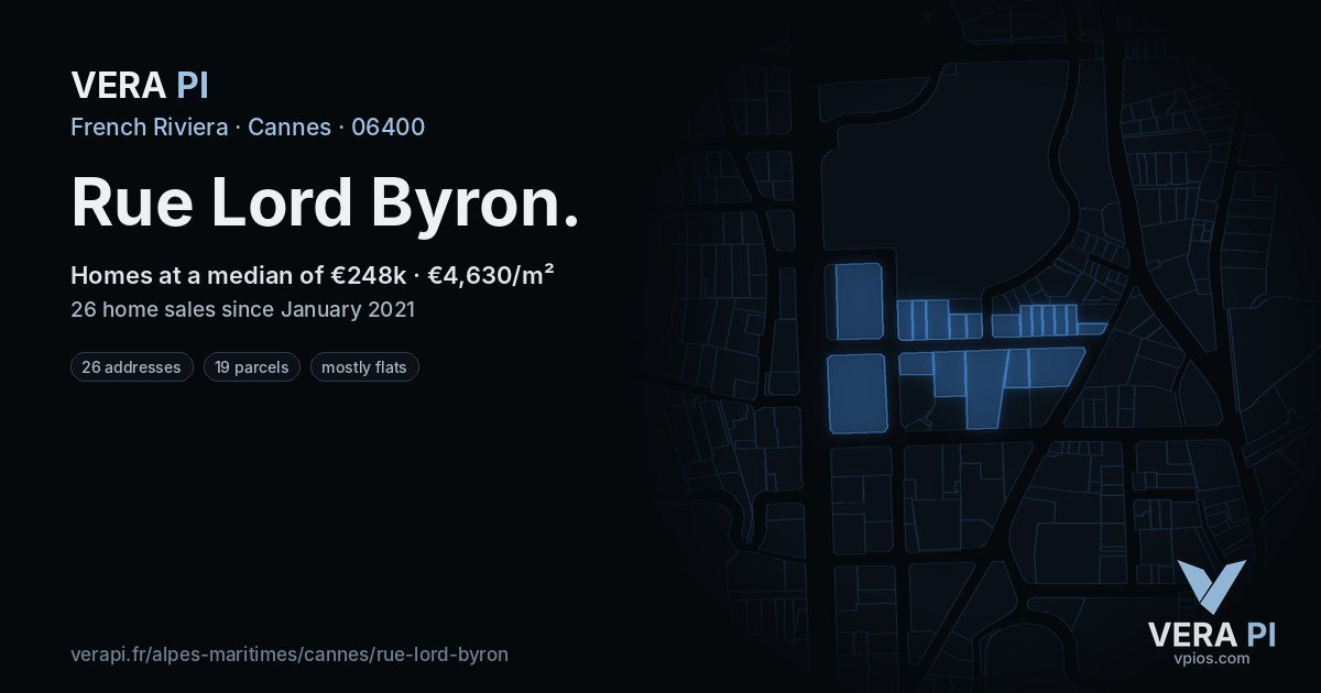 Rue Lord Byron, Cannes at night – every parcel coloured by the prices around it, the street's own parcels lit