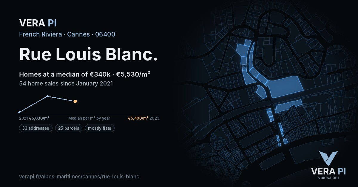 Rue Louis Blanc, Cannes at night – every parcel coloured by the prices around it, the street's own parcels lit
