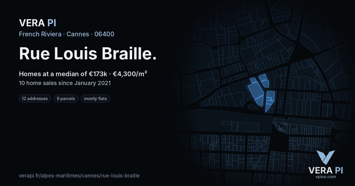 Rue Louis Braille, Cannes at night – every parcel coloured by the prices around it, the street's own parcels lit