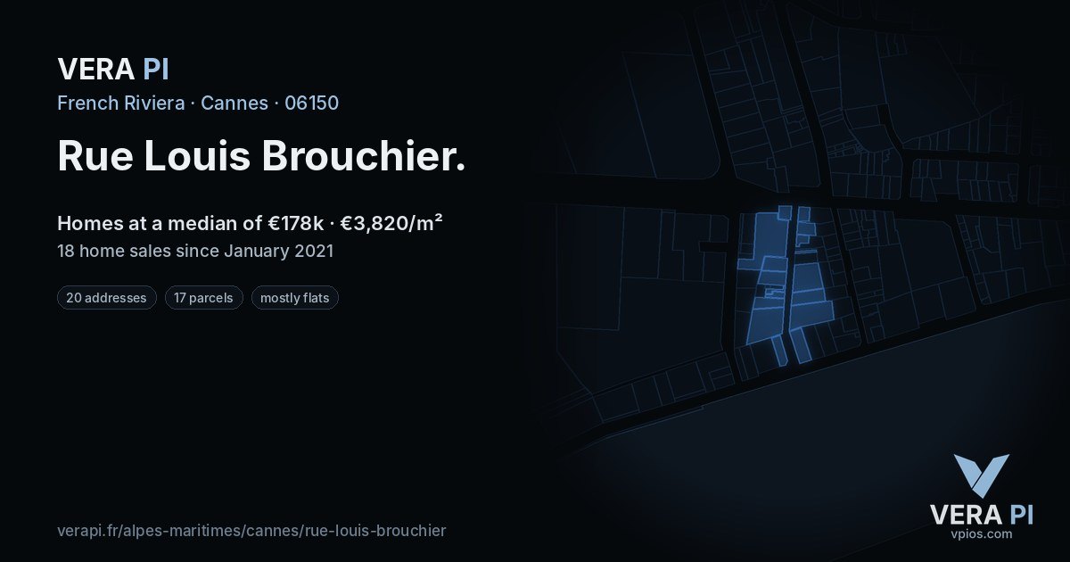 Rue Louis Brouchier, Cannes at night – every parcel coloured by the prices around it, the street's own parcels lit