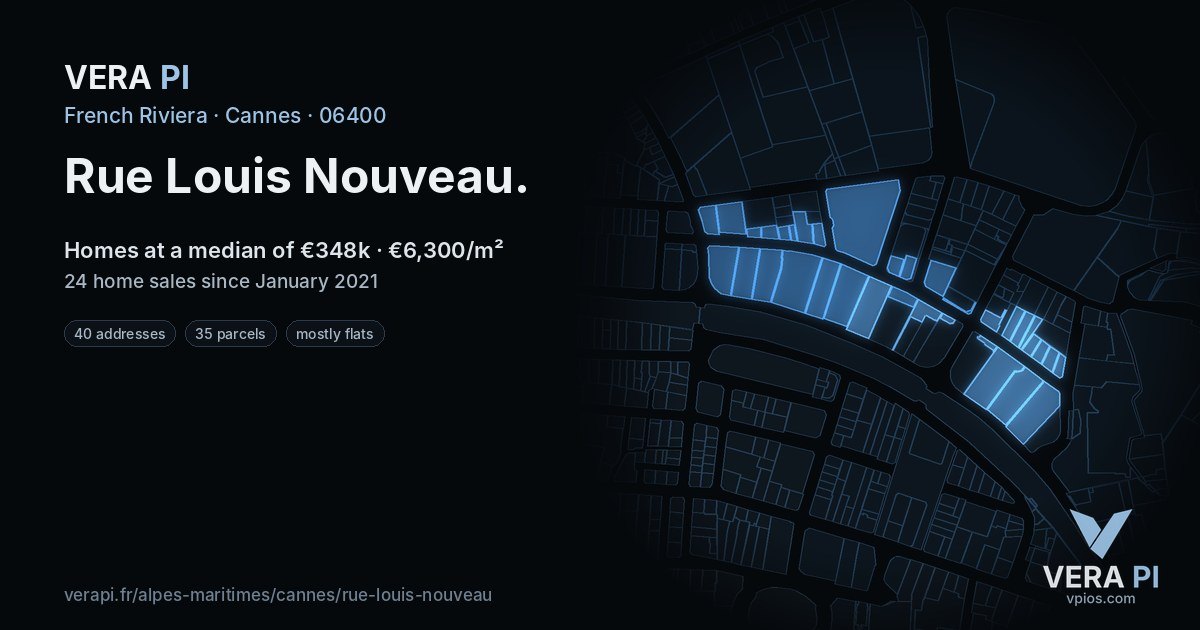 Rue Louis Nouveau, Cannes at night – every parcel coloured by the prices around it, the street's own parcels lit
